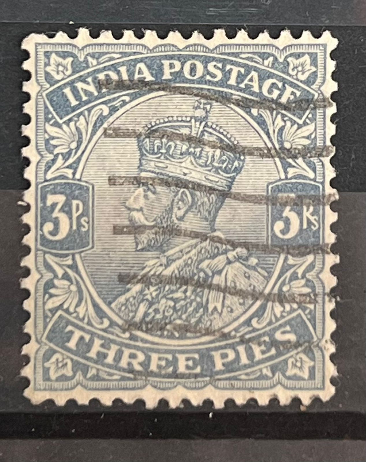 India 1911-22 KGV WMK single star 3p Slate Stamp with variety ‘Rs for Ps flaw’ Used SG Cat Val £50