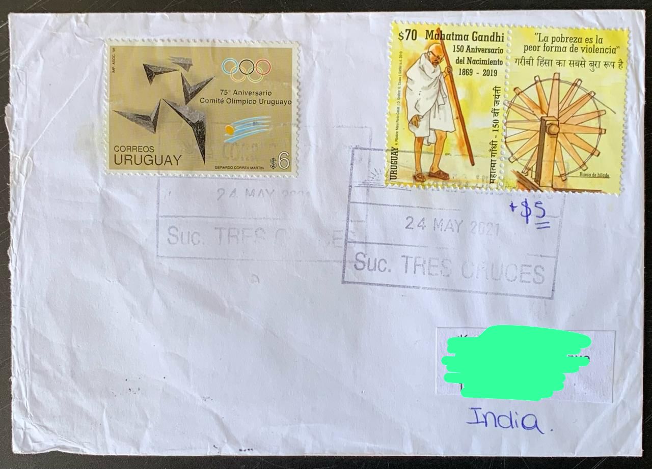 Uruguay 2019 Mahatma Gandhi Stamps Set used Commercially on Cover with dely cancellation on back