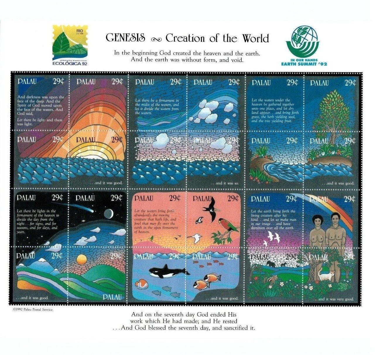 Palau 1992 Christianity Bible Stories Creation Of The World Big Sheet of 24 Stamps MNH High Face Value