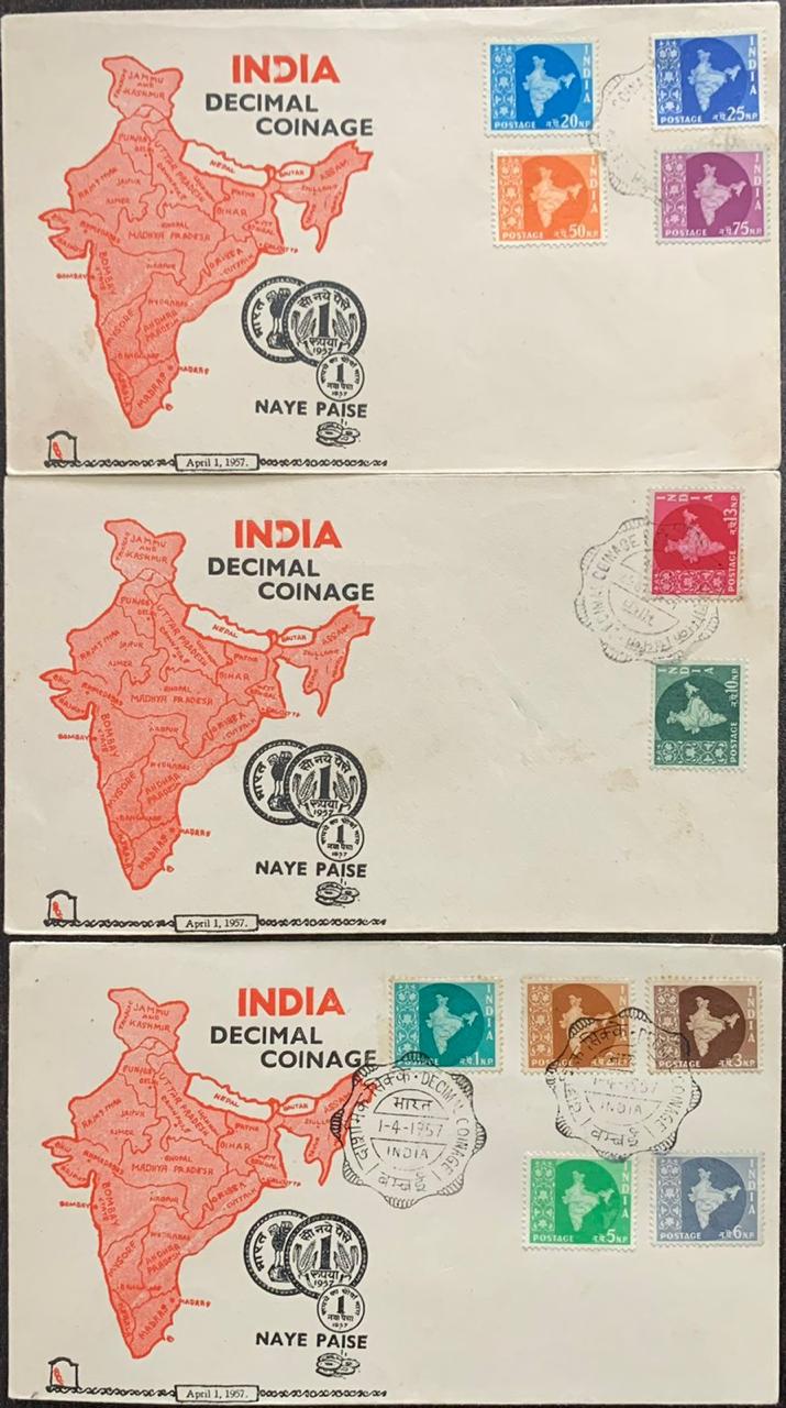 India 1957 Definitive Maps Set on 3 FDC First Day Cover