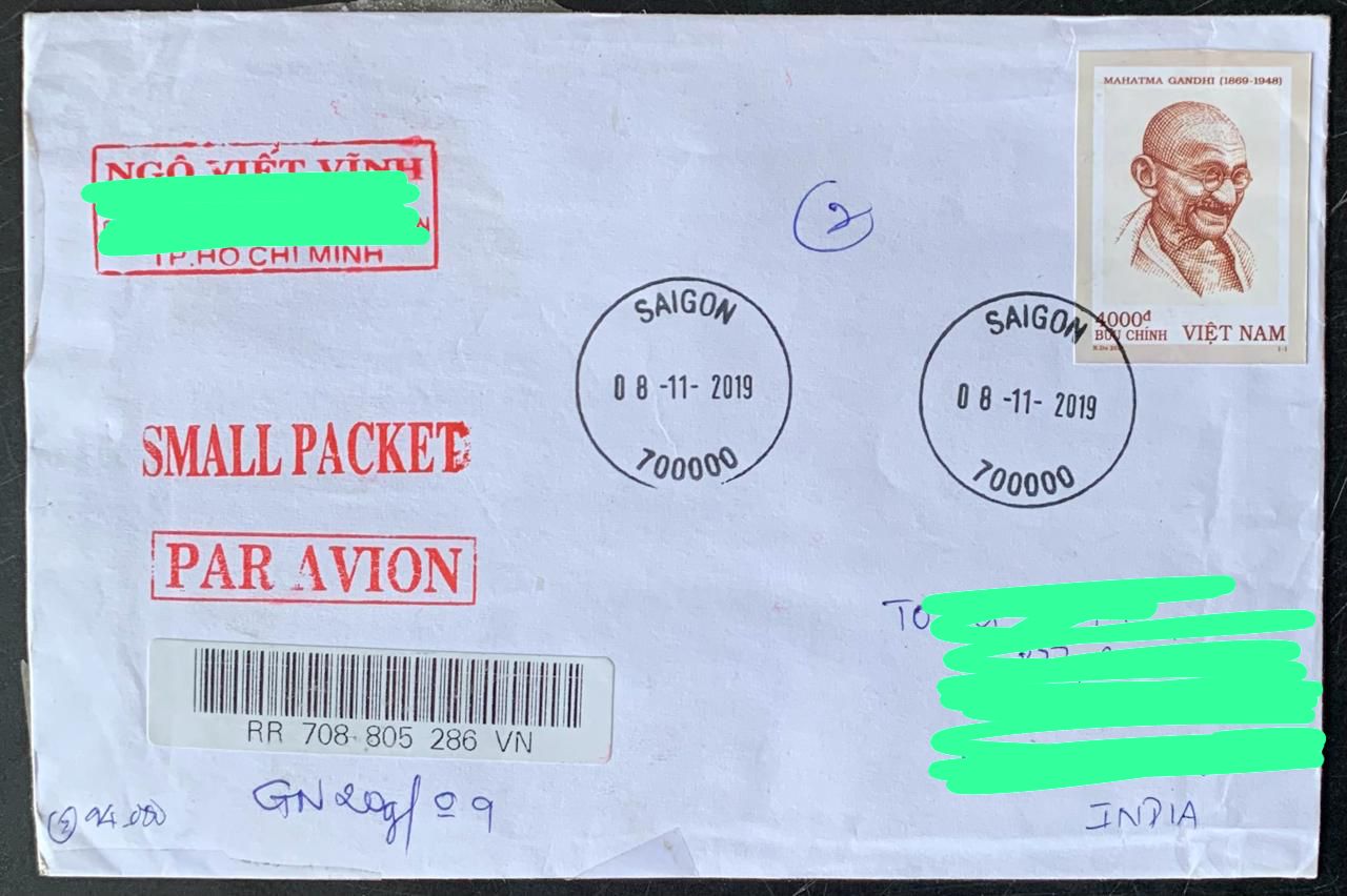 Vietnam 2019 Mahatma Gandhi IMPERF Stamp used Commercially on Registered Cover Rare