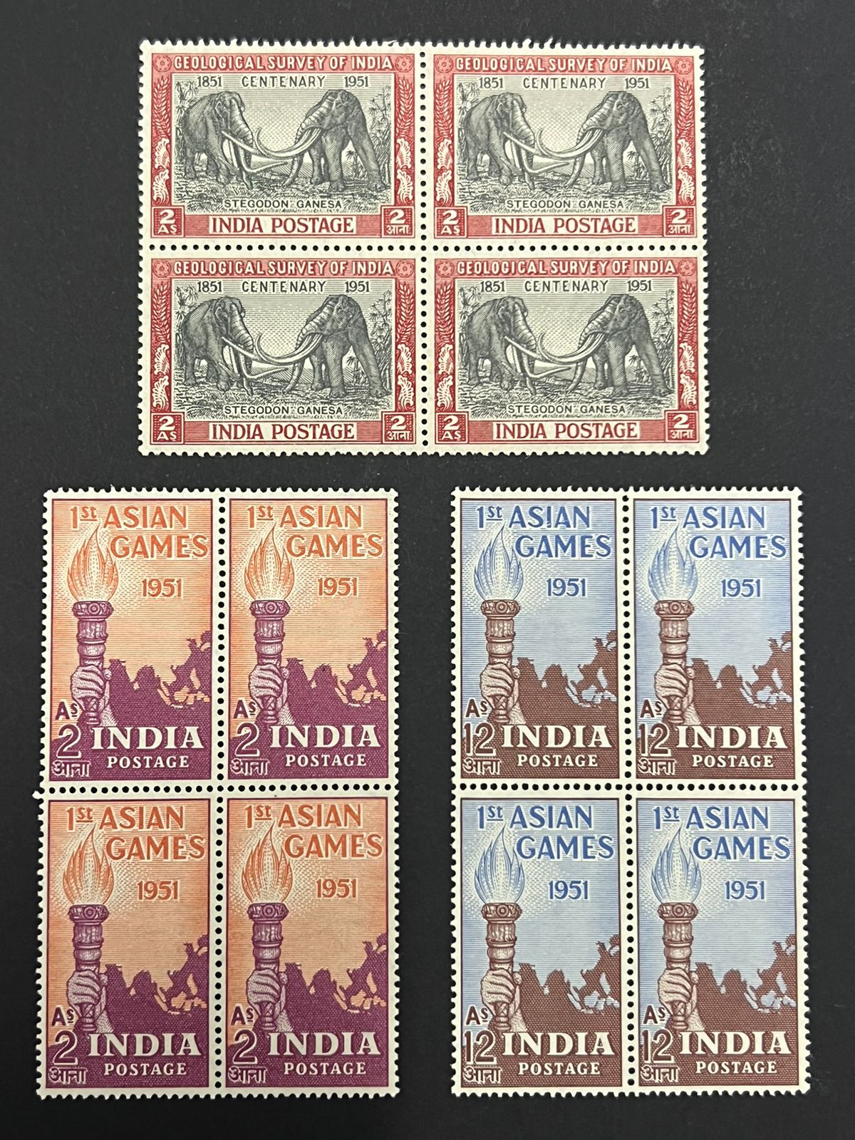 India 1951 Year Set Complete Asian Games Block of 4 MNH White Gum Cat