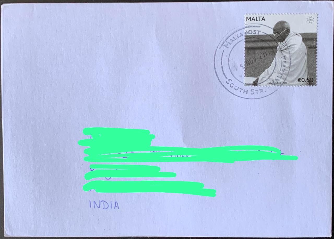 Malta 2019 Mahatma Gandhi Stamp used Commercially on Cover with dely cancellation on back