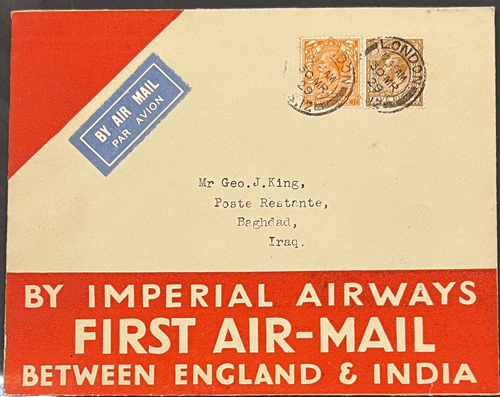 India 1929 Imperial Airways England-India First Flight Cover FFC