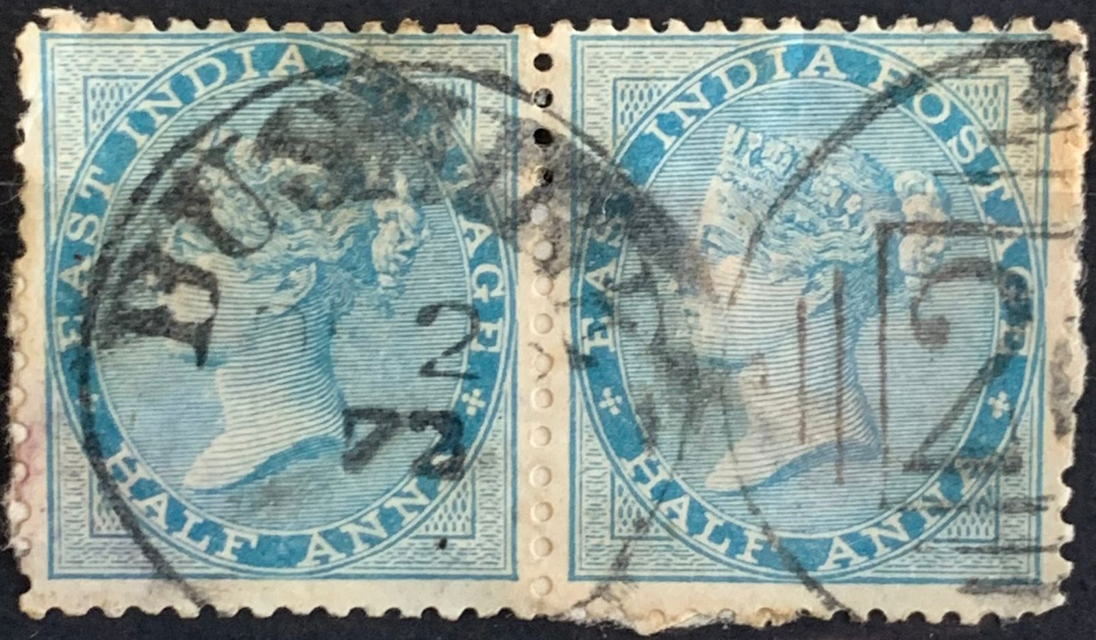 India 1865 QV 1/2a Pair Used Abroad in BUSHIRE Fine Cancelled