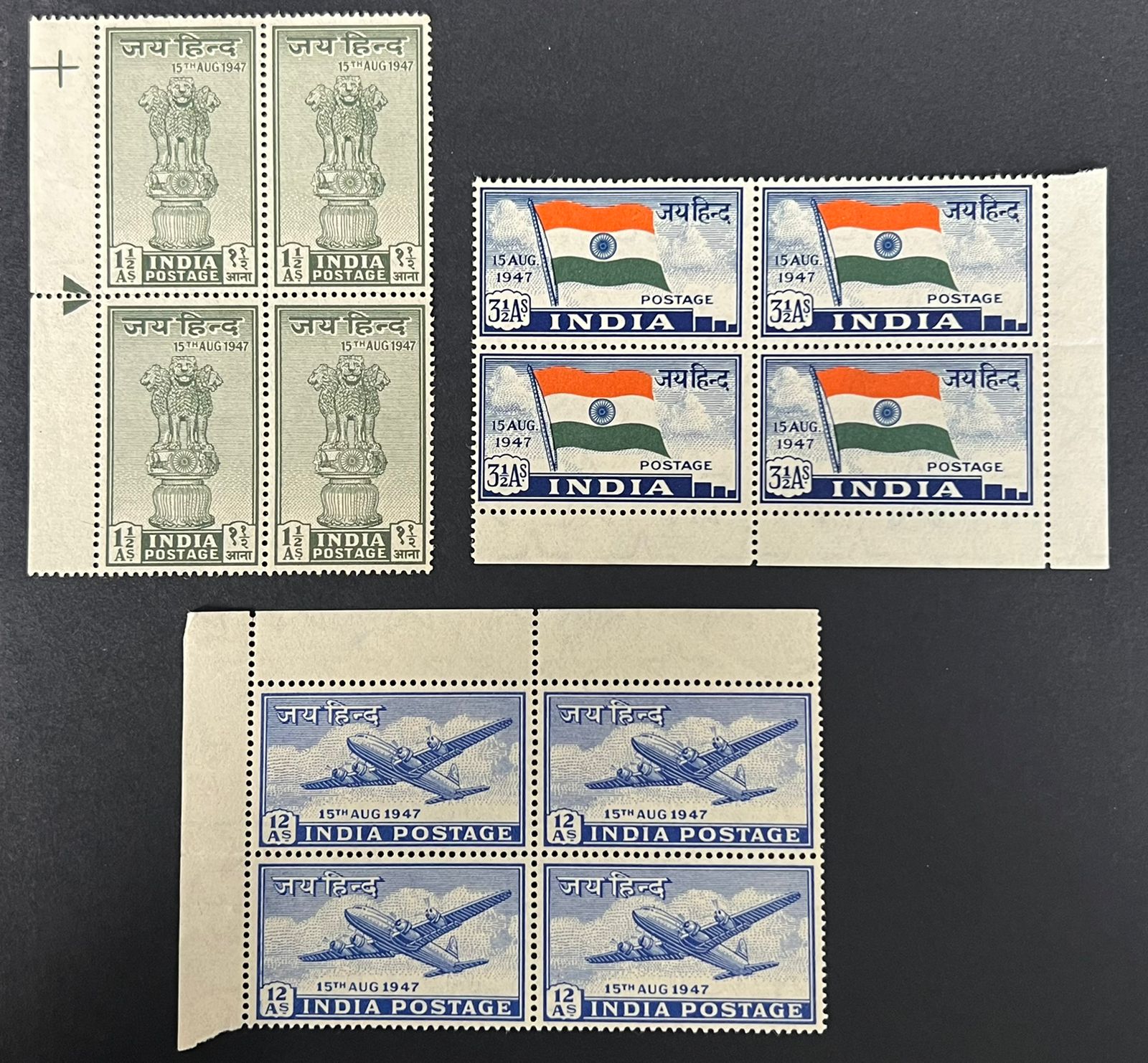 India 1947 First Stamps of Post Independence Jai Hind Set of 3 in Blocks of 4 MNH White Gum