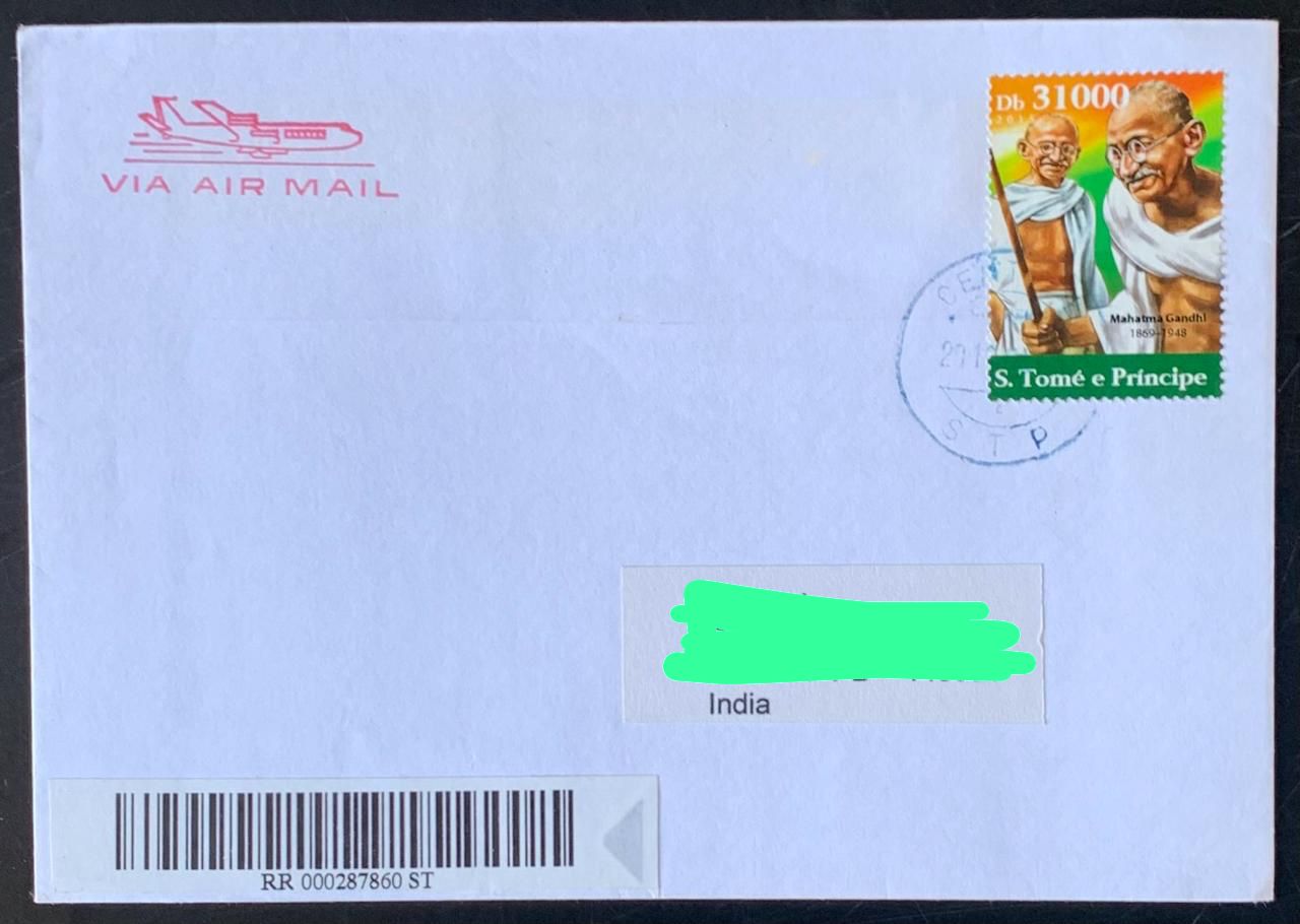 Sao Tome 2015 Mahatma Gandhi Stamp used Commercially on Registered Cover ( Extremely Rare Country to get Cover from) Dely Cancellation on back.
