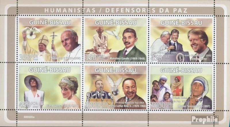 Guinea Bissau 2008 John Paul II Mahatma Gandhi Jimmy Carter Diana Martin Luther Jr Mother Teresa Stamps M/S MNH