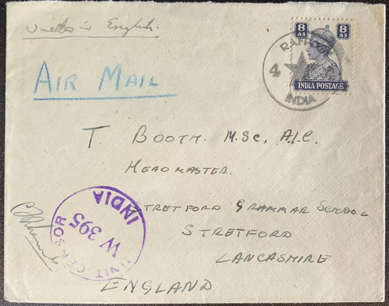 India 1940s RAFPOST Censored Cover to England