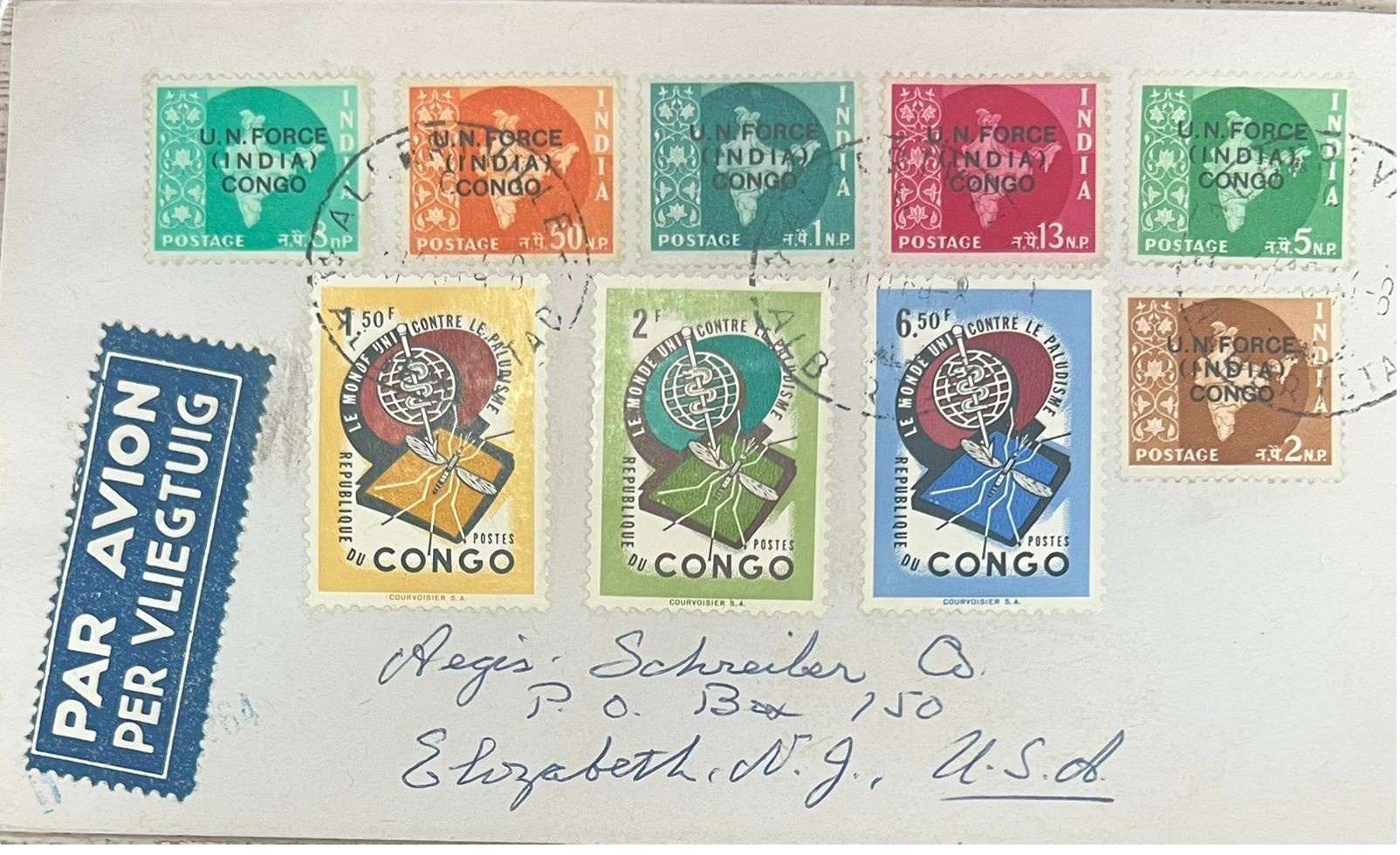 India Forces in Congo 1962 Cover used posted to USA with Congo Malaria Stamps Rare