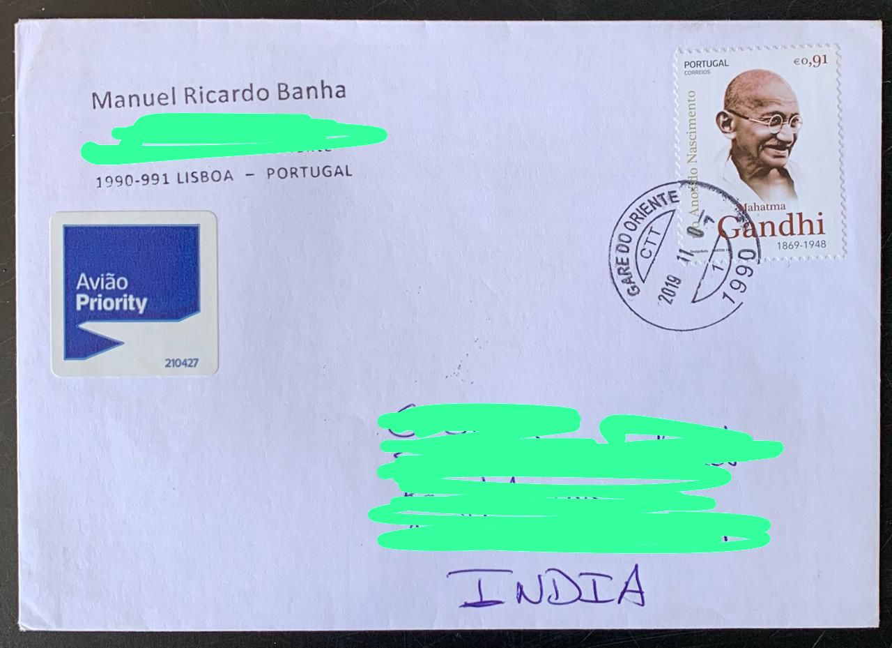 Portugal 2019 Mahatma Gandhi Stamp used Commercially on Cover with dely cancellation on back