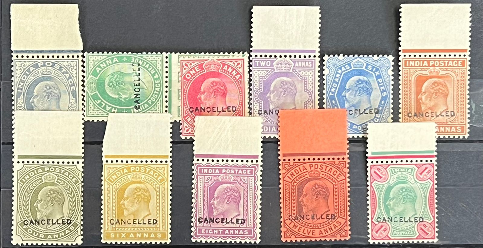 India 1902 KEVII Set to 1Re ‘CANCELLED’ Overprint Rare