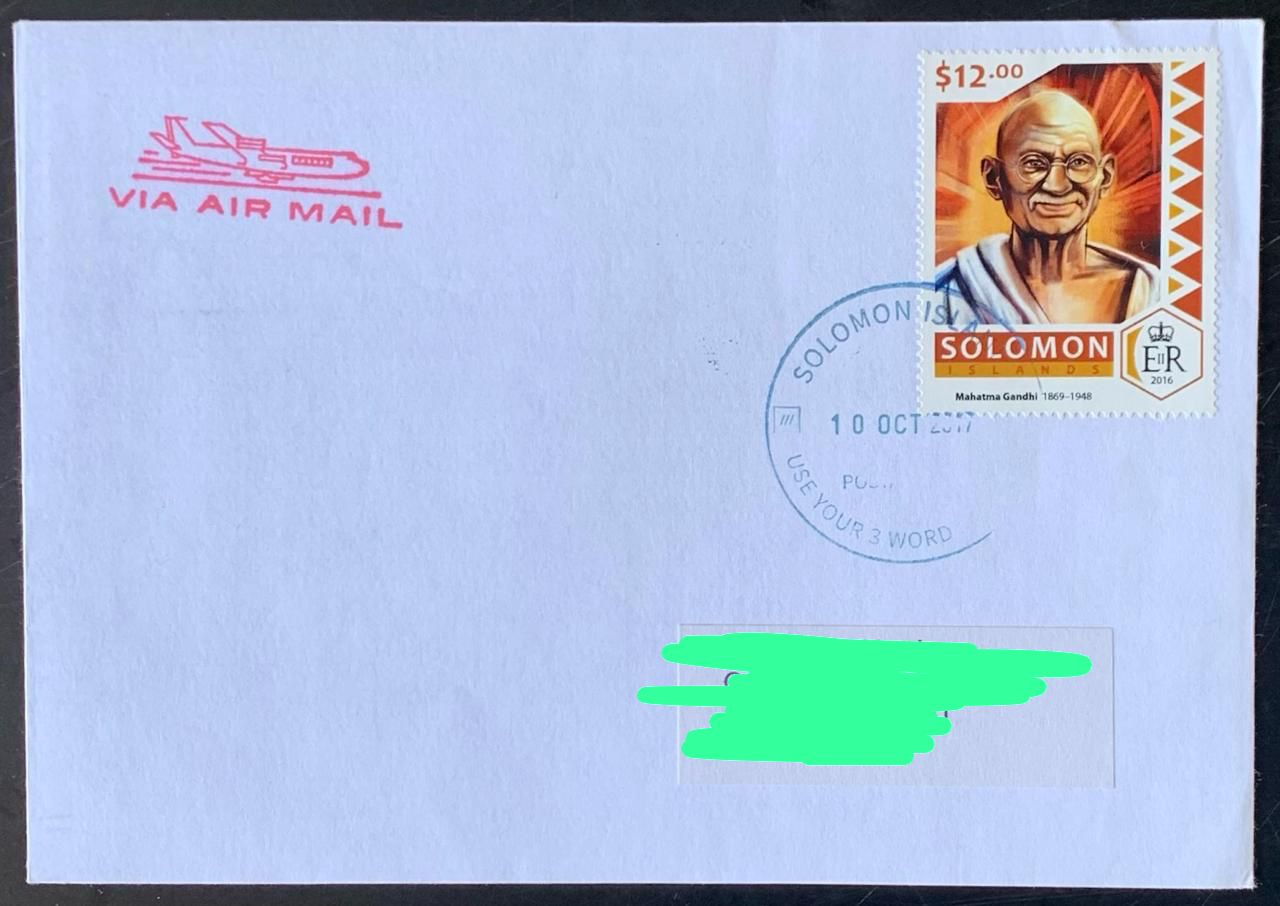 Solomon Island 2016 Mahatma Gandhi Stamp used Commercially on Cover ( Rare Country to get Cover from) Dely Cancellation on back.