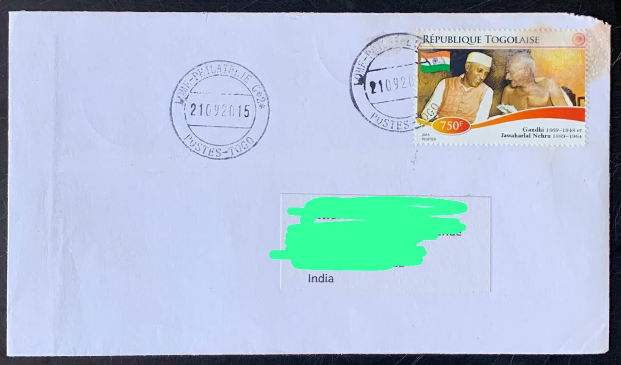 Togo 2015 Mahatma Gandhi Stamp used Commecially on Cover ( Rare Country to get Cover from) Dely Cancellation on back.
