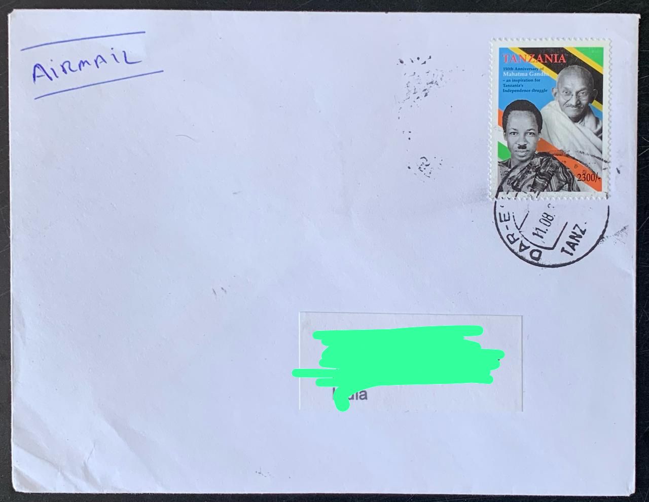 Tanzania 2019 Mahatma Gandhi Stamp used Commercially on Cover with dely cancellation on back