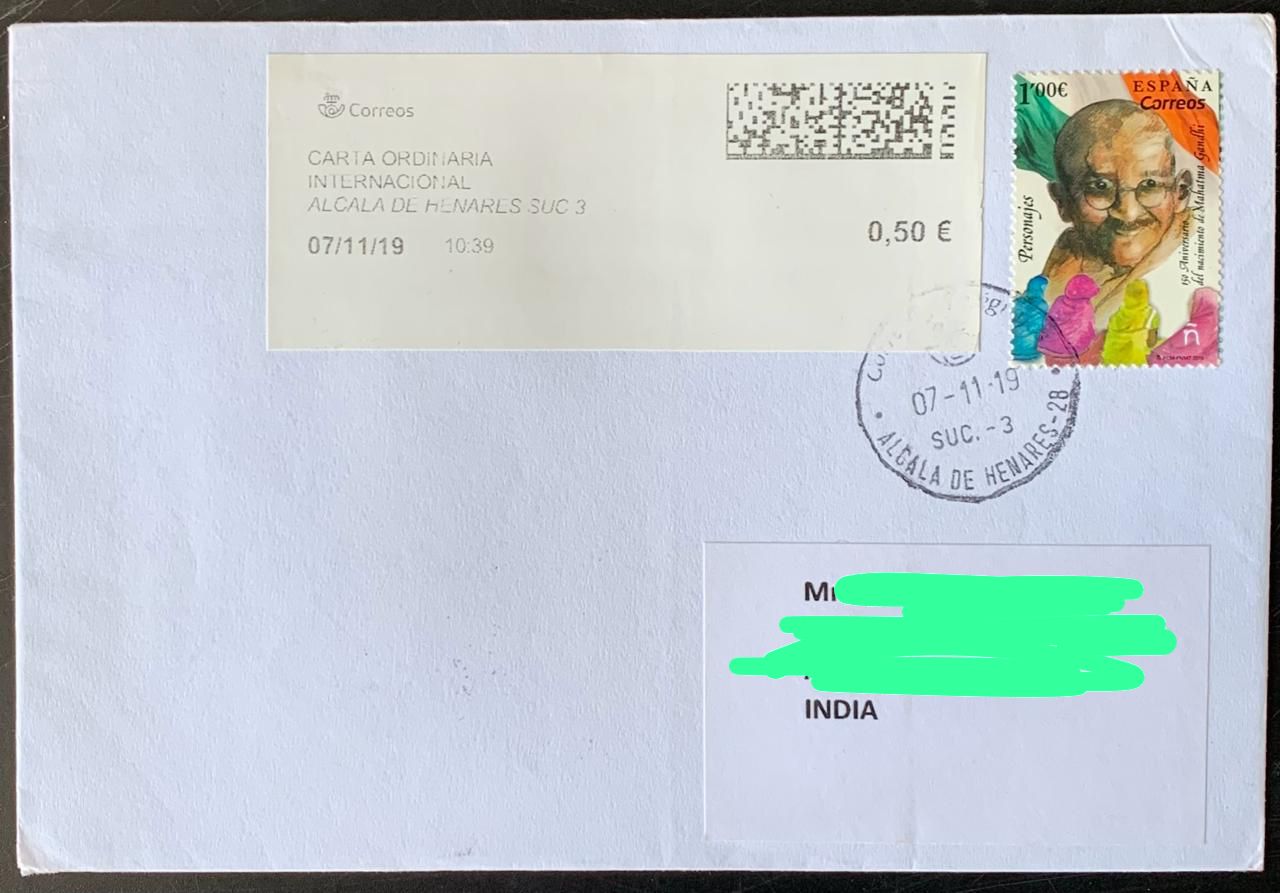 Spain 2019 Mahatma Gandhi Stamp used Commercially on Cover with dely cancellation on back