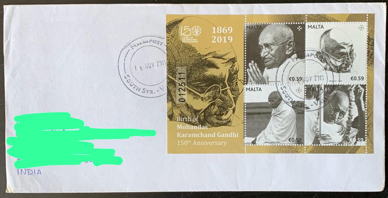 Malta 2019 Mahatma Gandhi Stamps M/s used Commercially on Cover with dely cancellation on back