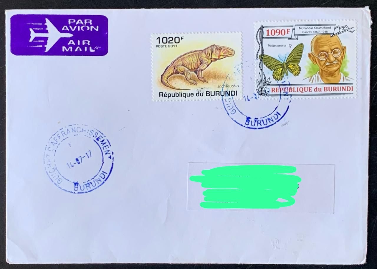 Burundi 2012 Mahatma Gandhi Stamp used Commecially on Cover ( Rare Country to get Cover from) Dely Cancellation on back.