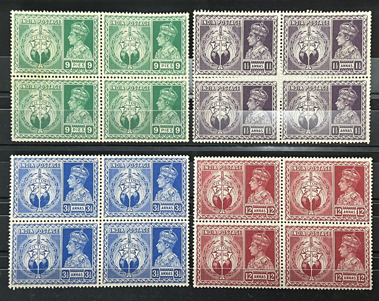 India 1946 KGVI Victory Issue in blocks of 4 Mint NH White Gum Cat Value 2000/- for singles