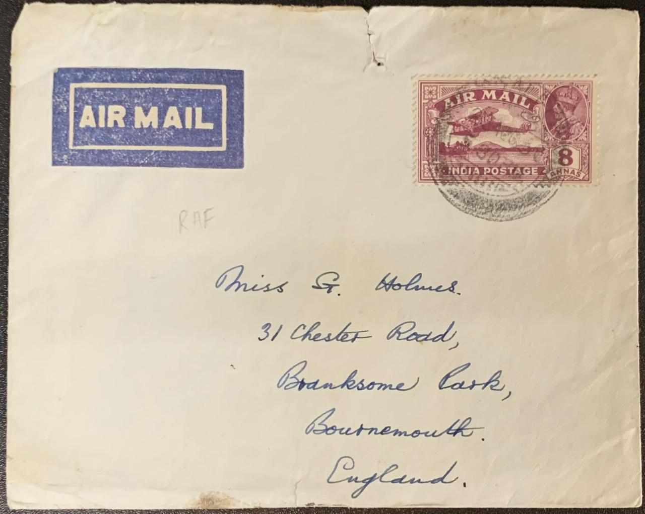 India 1929 Airmail 8a Stamp Cover to England