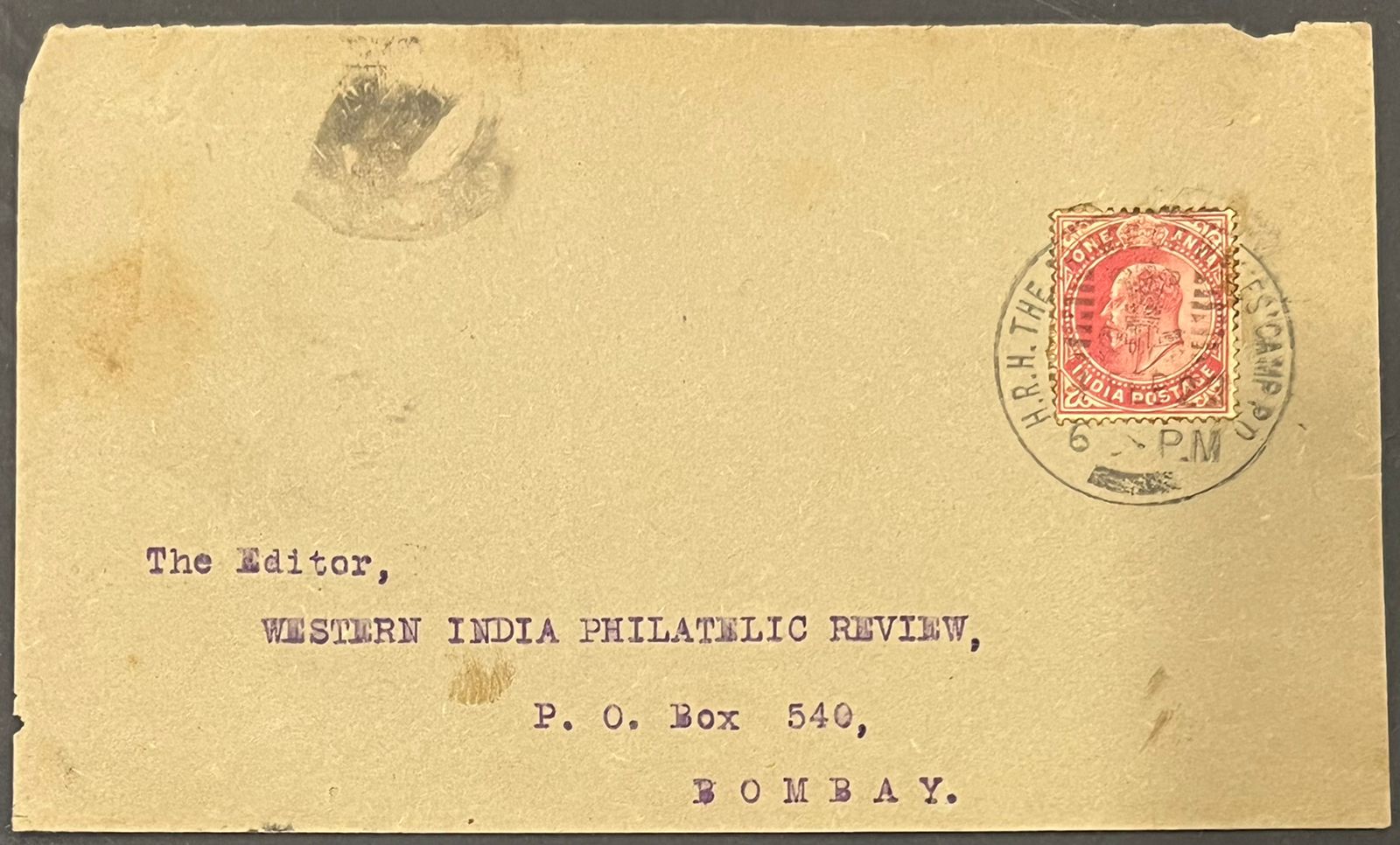 India 1922 HRH THE PRINCE OF WALES CAMP PO Cancellation Cover