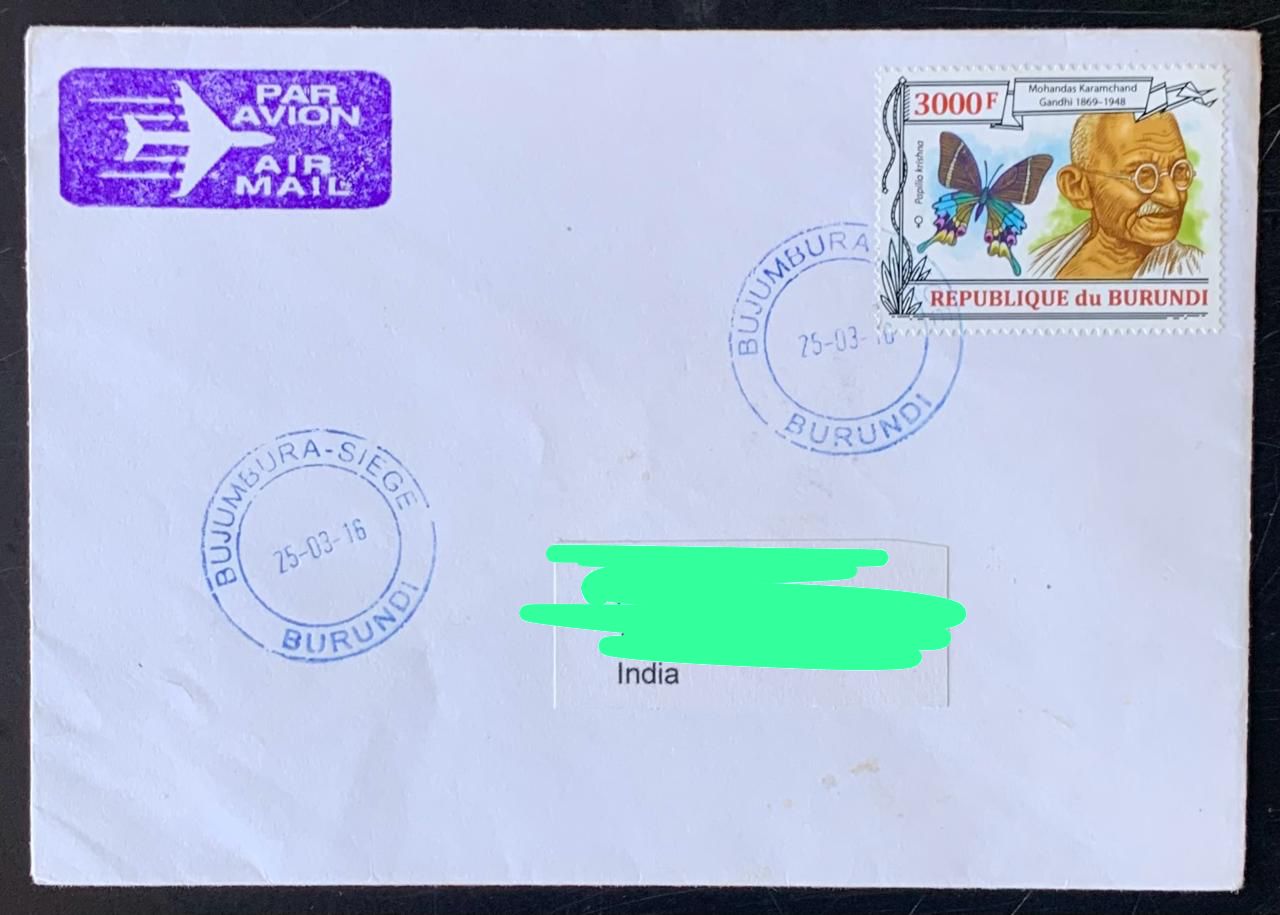Burundi 2012 Mahatma Gandhi Stamp used Commecially on Cover ( Rare Country to get Cover from) Dely Cancellation on back.