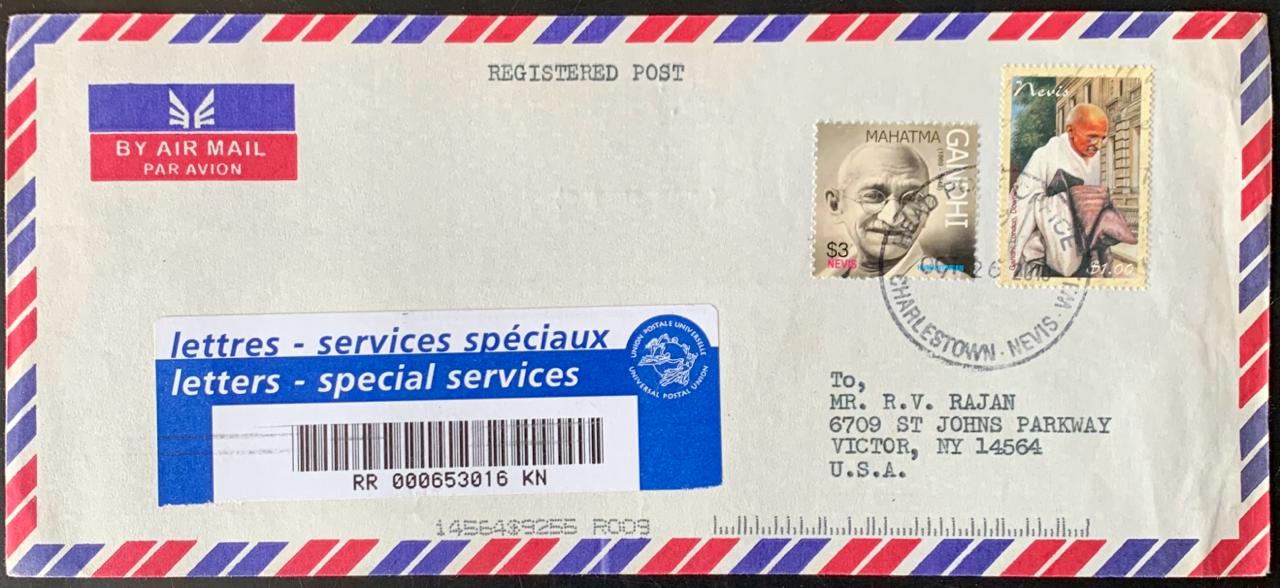 Nevis 2010 Mahatma Gandhi Stamps used Commercially Registered on Cover to USA