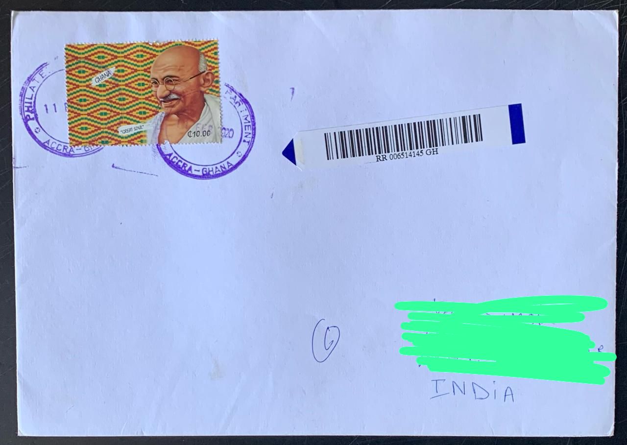 Ghana 2019 Mahatma Gandhi Stamp  used Commecially on Registered Cover ( Rare Country to get Cover from)