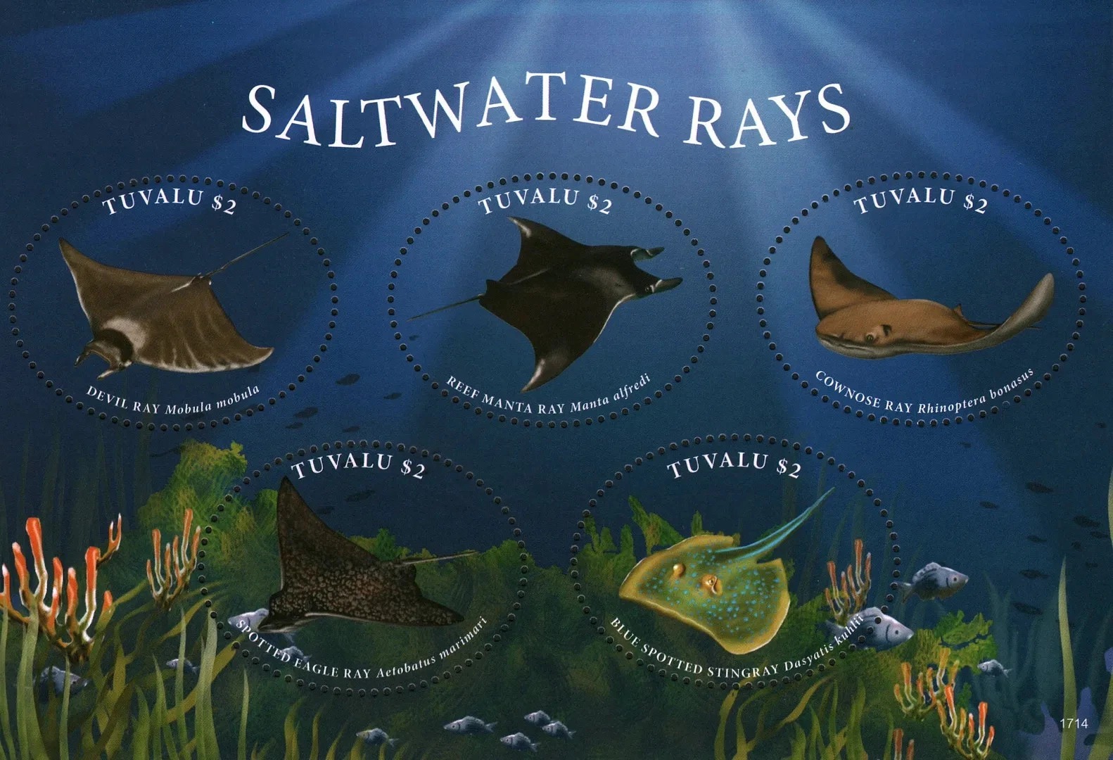 Tuvalu 2017 Salt Water Rays Marine Life ODD SHAPE M/S MNH