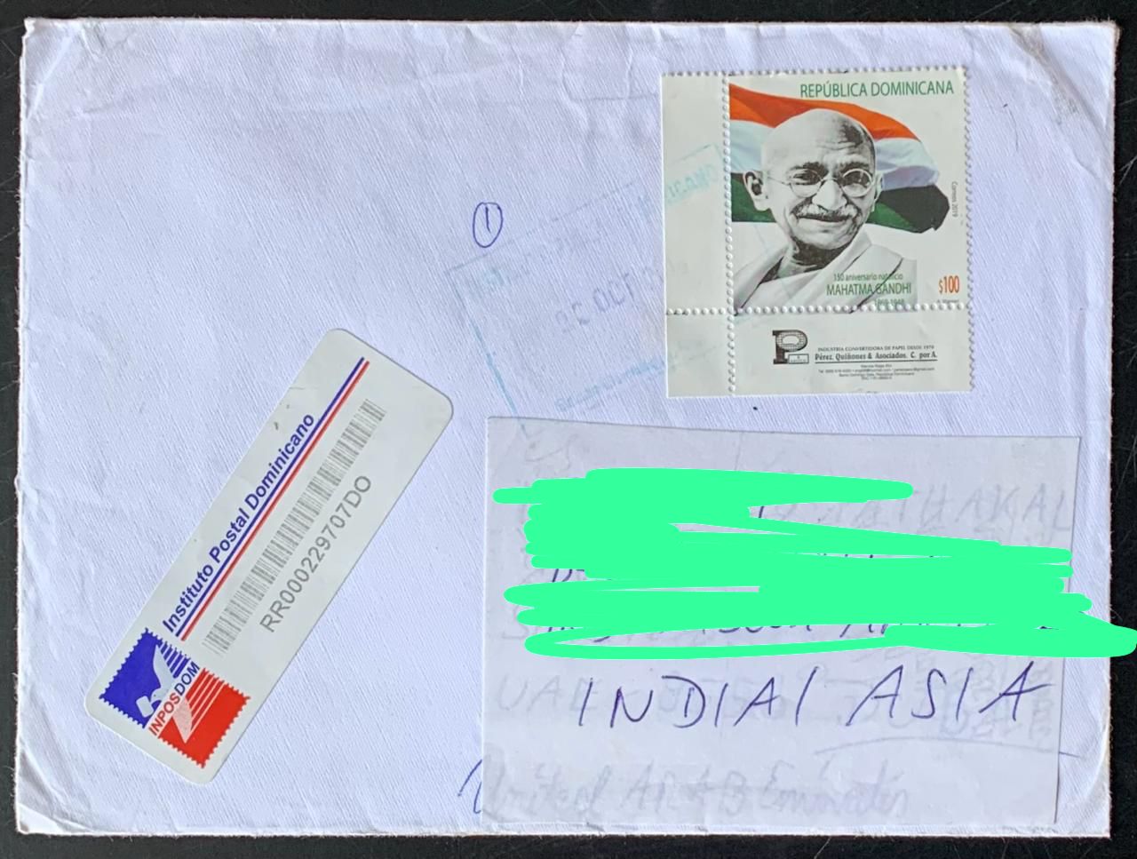 Dominican Republic 2019 Mahatma Gandhi Stamp used Commercially on Registered Cover (  Rare Country to get Cover from)