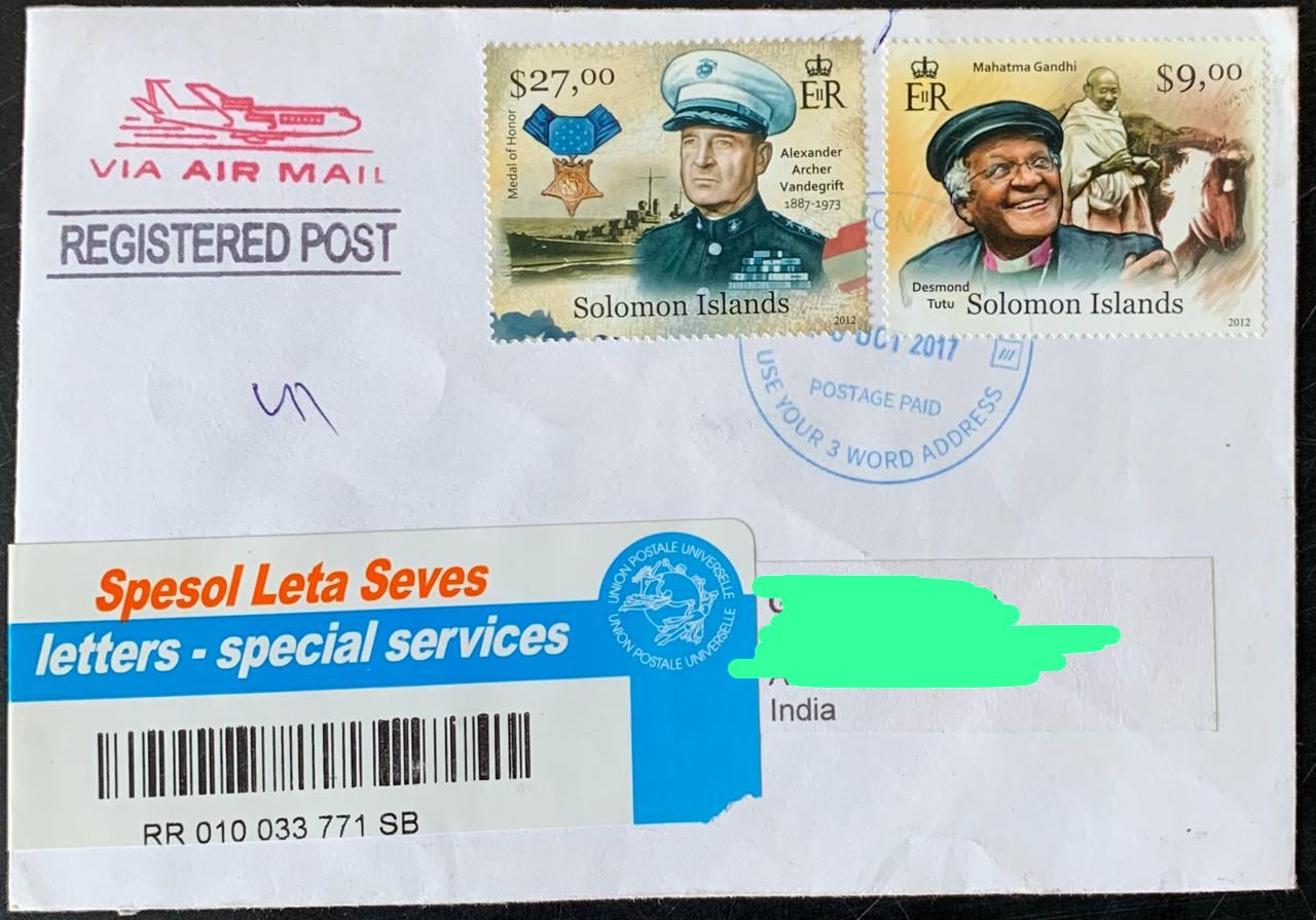Solomon Island 2012 Mahatma Gandhi Stamp used Commercially on Registered Cover ( Rare Country to get Cover from) Dely Cancellation on back.