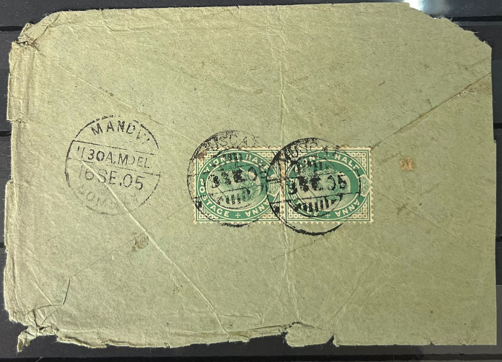 India 1905 KEVII Used Abroad in MUSCAT Cover to Mandvi Rare