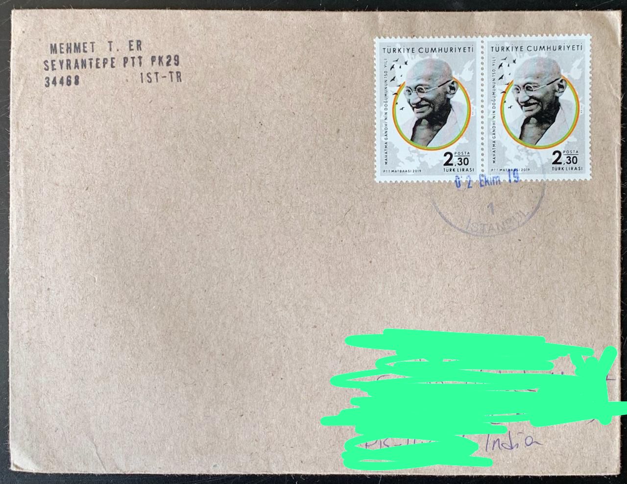 Turkey 2019 Mahatma Gandhi stamps used Commercially on Cover on Gandhiji’s Birthday 2nd October with dely cancellation on back