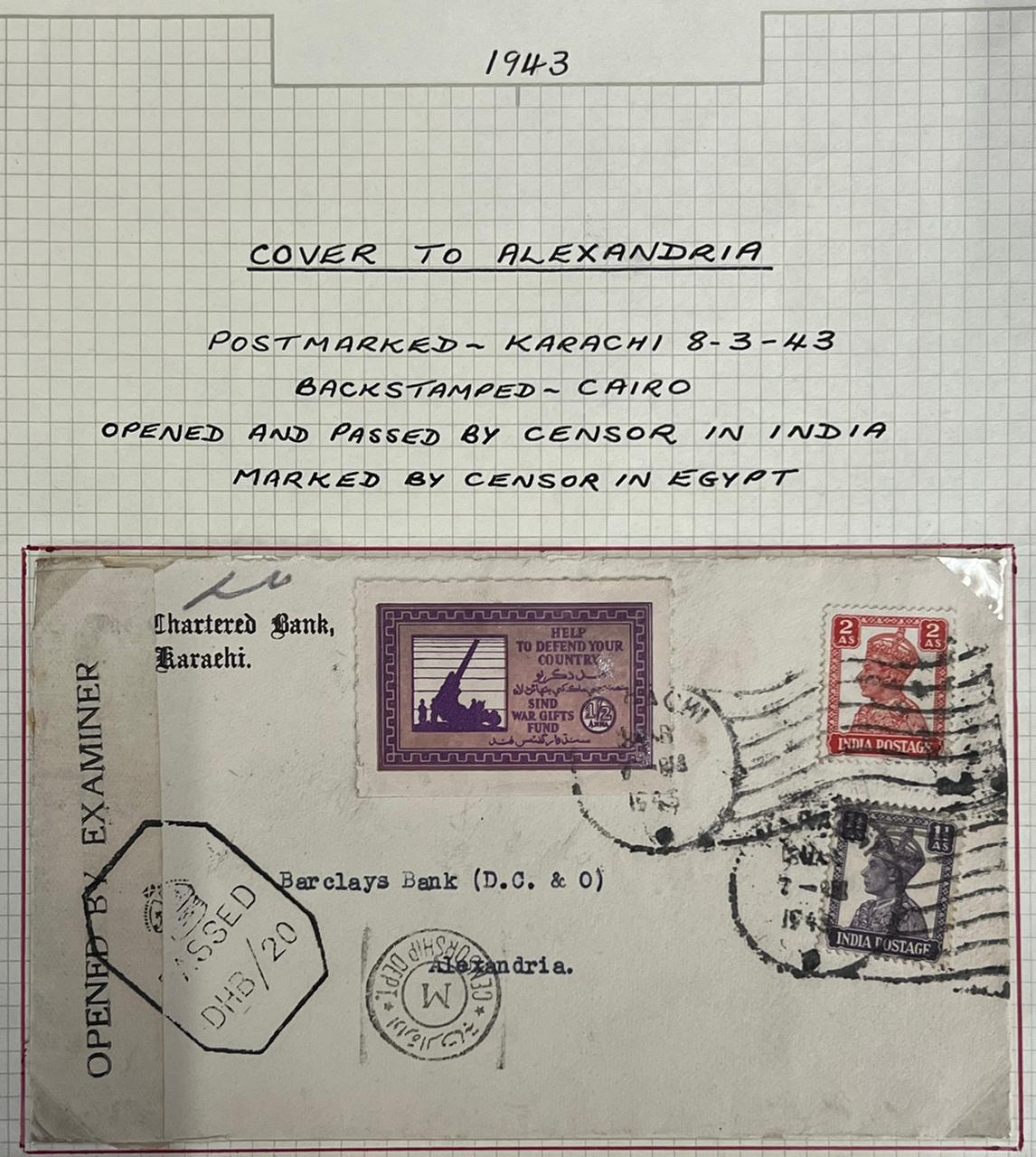India 1943 KGVI Censored Cover from Karachi to Alexandria with War Fund Label Rare
