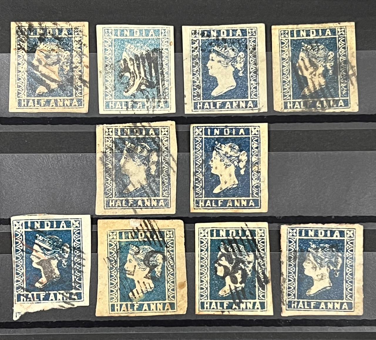 India 1854 First Issues Half Anna Blue Complete Set of all Shades and Dies Fine used Big Margins SG Cat Val - £1415