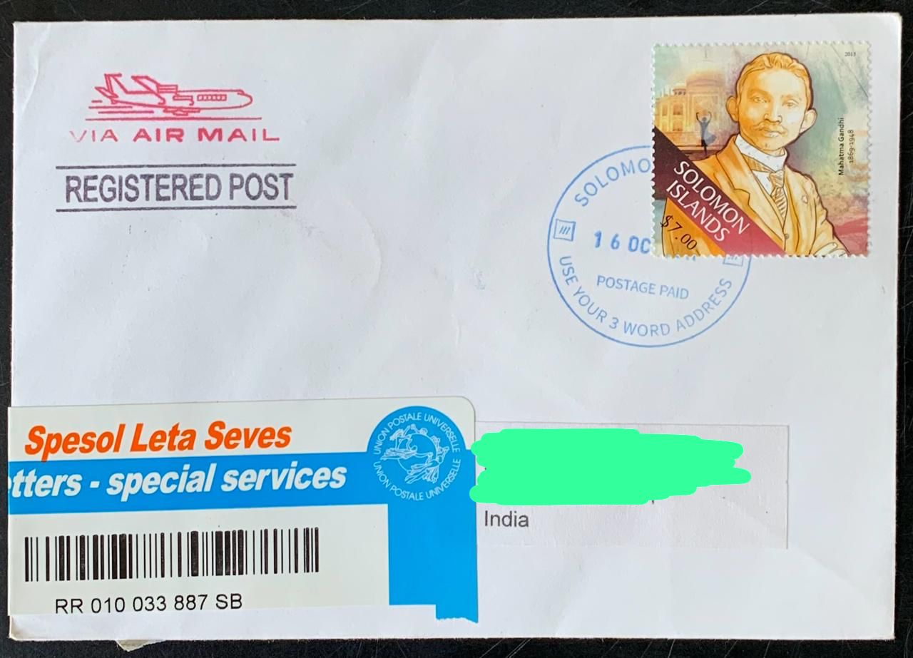Solomon Island 2014 Mahatma Gandhi Stamp used Commercially on Registered Cover ( Rare Country to get Cover from) Dely Cancellation on back.