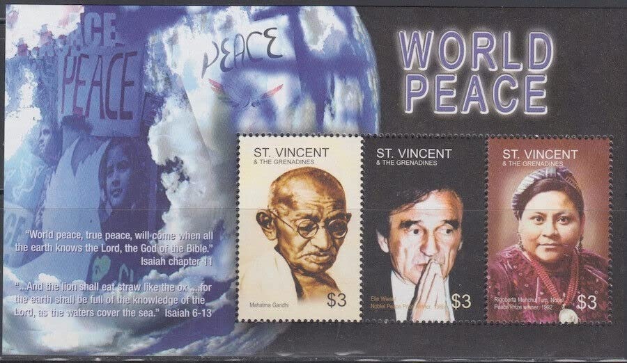 St.Vincent World Peace Mahatma Gandhi Elie Wiesel Rigoberta Menchu Tum Stamps M/S MNH