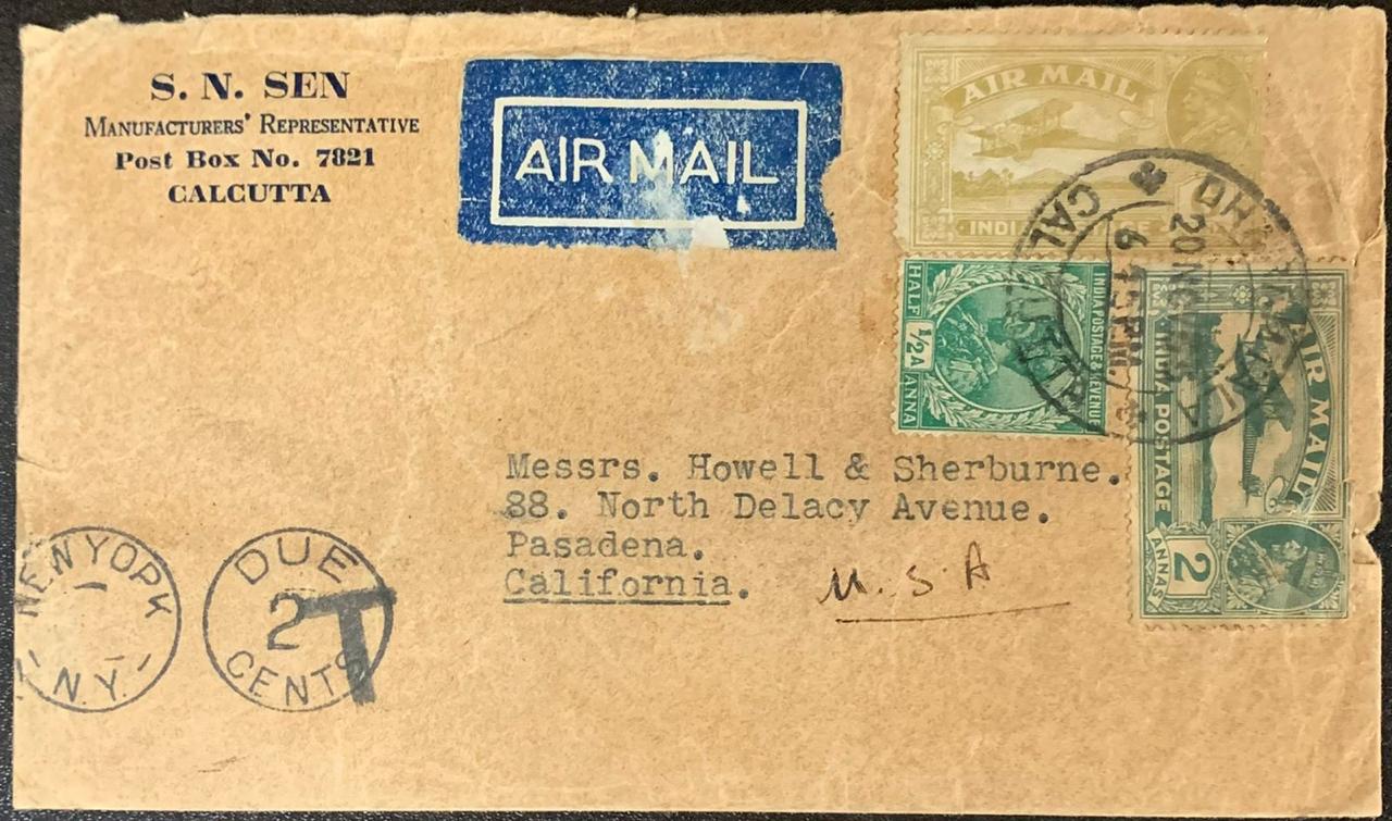 India 1933 Airmail Cover to USA with DUE 2 CENTS