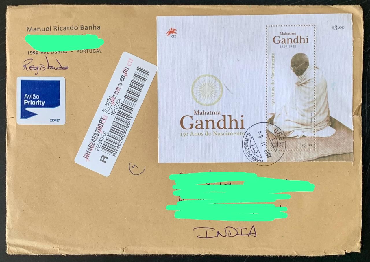 Portugal 2019 Mahatma Gandhi “ Khadi Cloth Material Stamp” used Commercially on Registered Cover Scarce