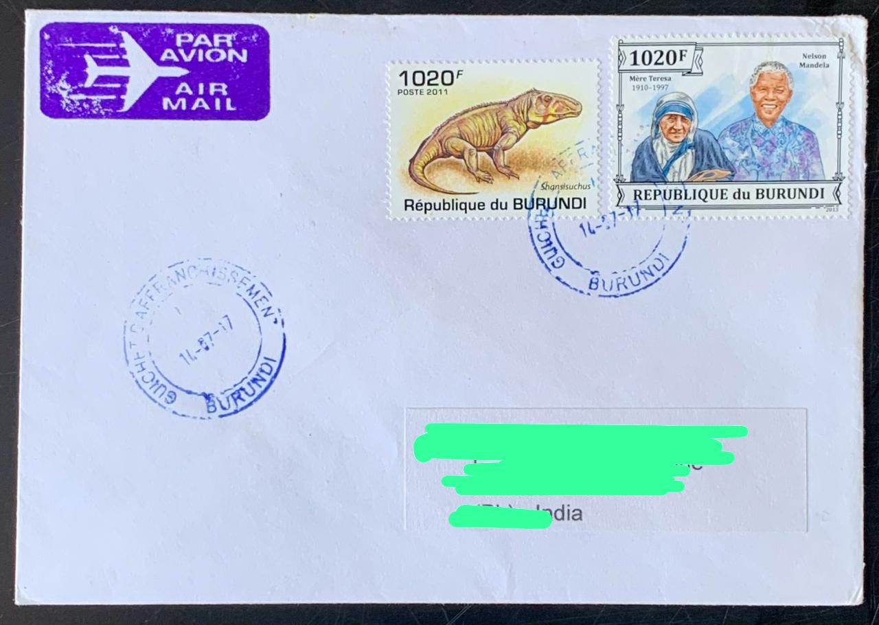 Burundi 2013 Mother Teresa Mandela Stamp used Commecially on Cover ( Rare Country to get Cover from) Dely Cancellation on back.