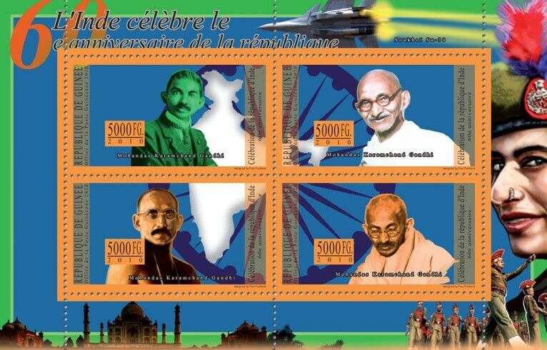 Guinee 2010 60 Year Republic of India Mahatma Gandhi Stamps M/S MNH