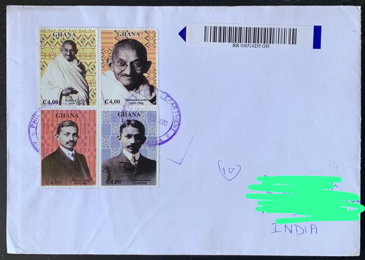 Ghana 2019 Mahatma Gandhi Stamps Set used Commecially on Registered Cover ( Rare Country to get Cover from)