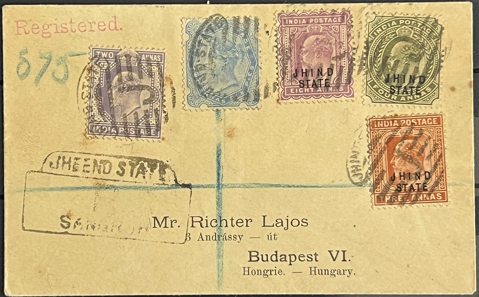 India 1903 Jhind State Registered Cover to Budapest Rare