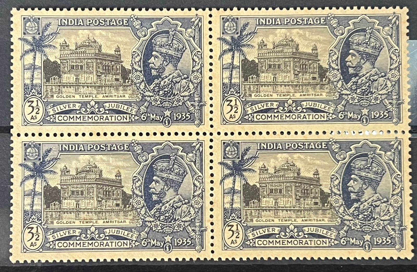 India 1935 KGV Silver Jubilee 3 1/2as Golden Temple with ‘BIRD FLAW’ Variety SG 245a Mint Block of 4 MNH Toned Gum Cat Val £400