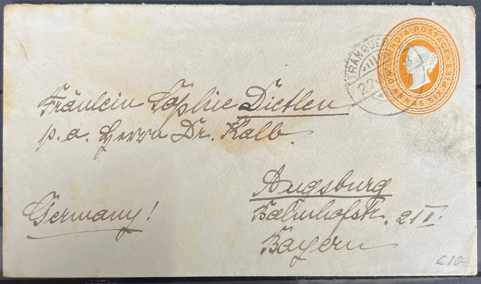 India 1908 QV Used Abroad in TRANQUEBAR Envelope to Germany