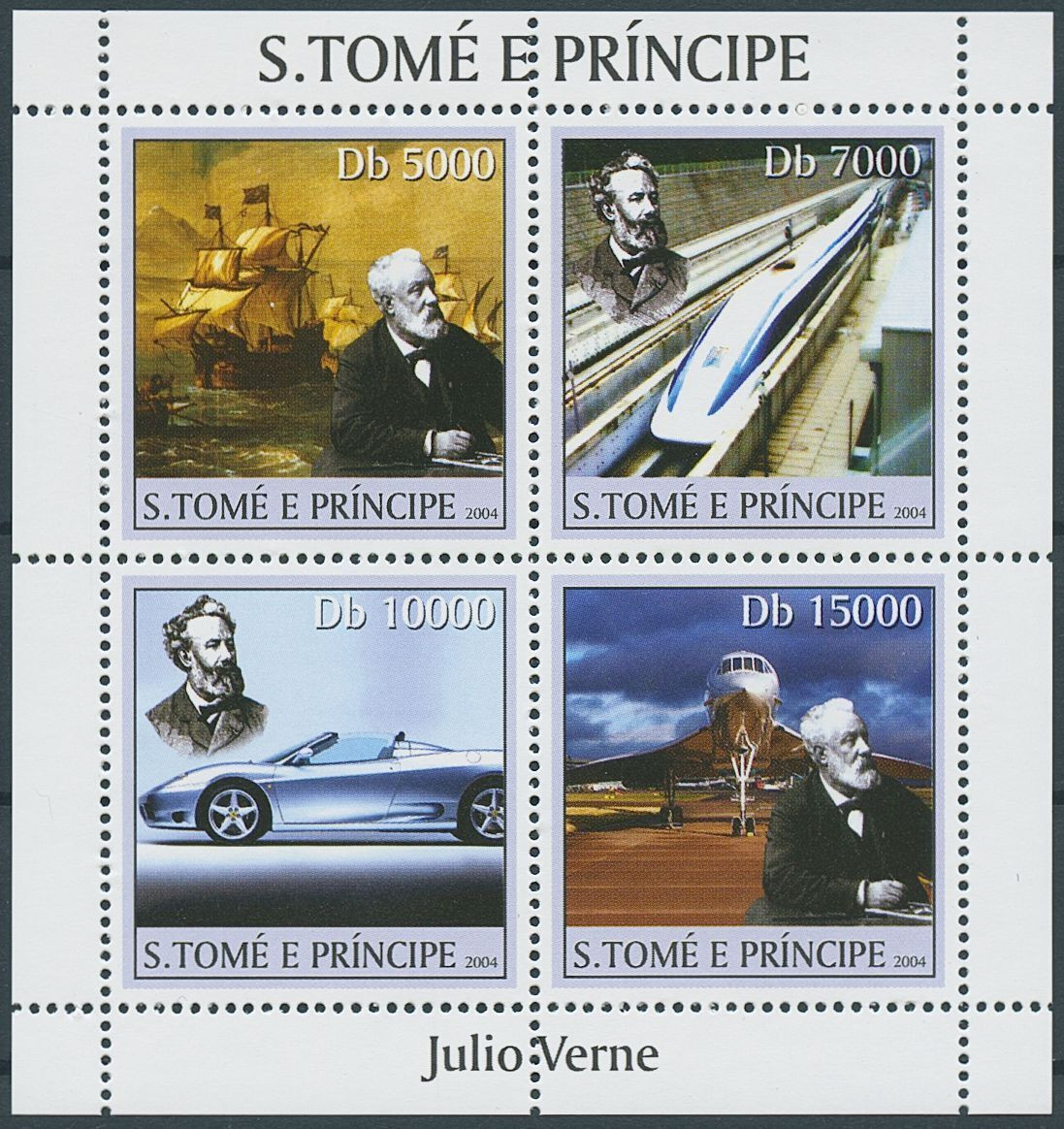 Sao Tome 2004 Jules Verne Ships Trains Cars Stamp M/S MNH