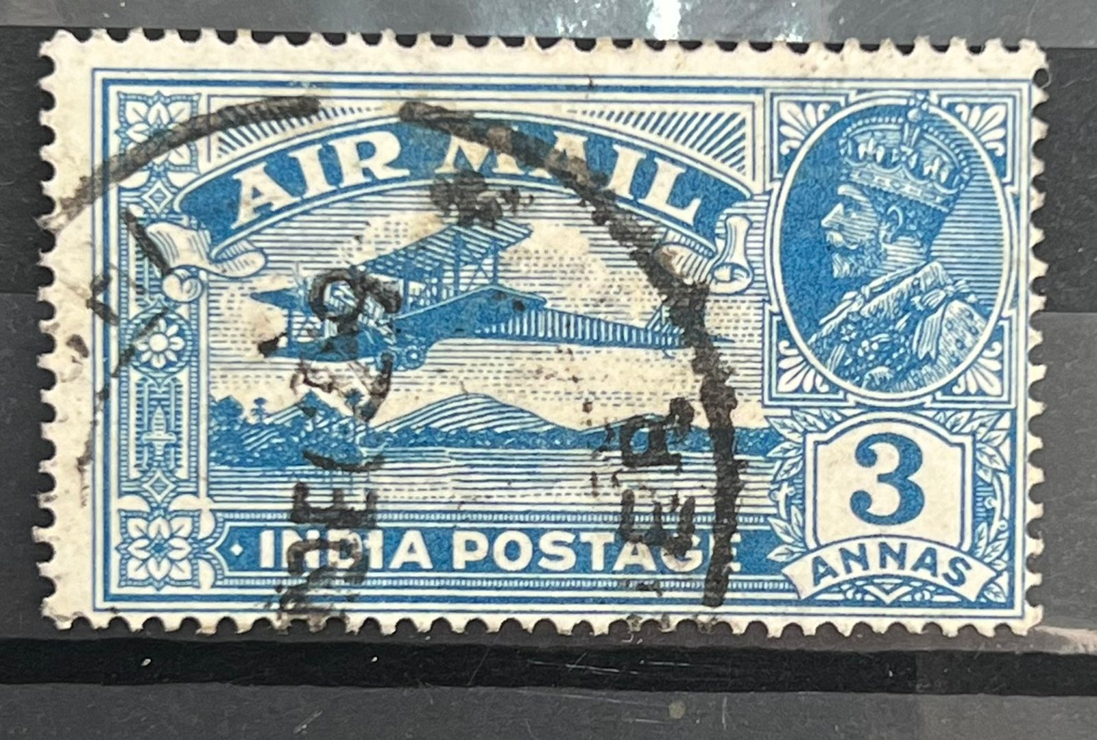 India 1929 KGV Airmail 3as SG 221a 1 for second I in INDIA Error Fine Used Rare SG Cat Val £325