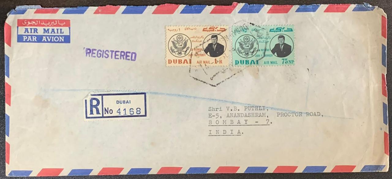 Dubai 1967 Registered Cover to Bombay India with Kennedy Stamps