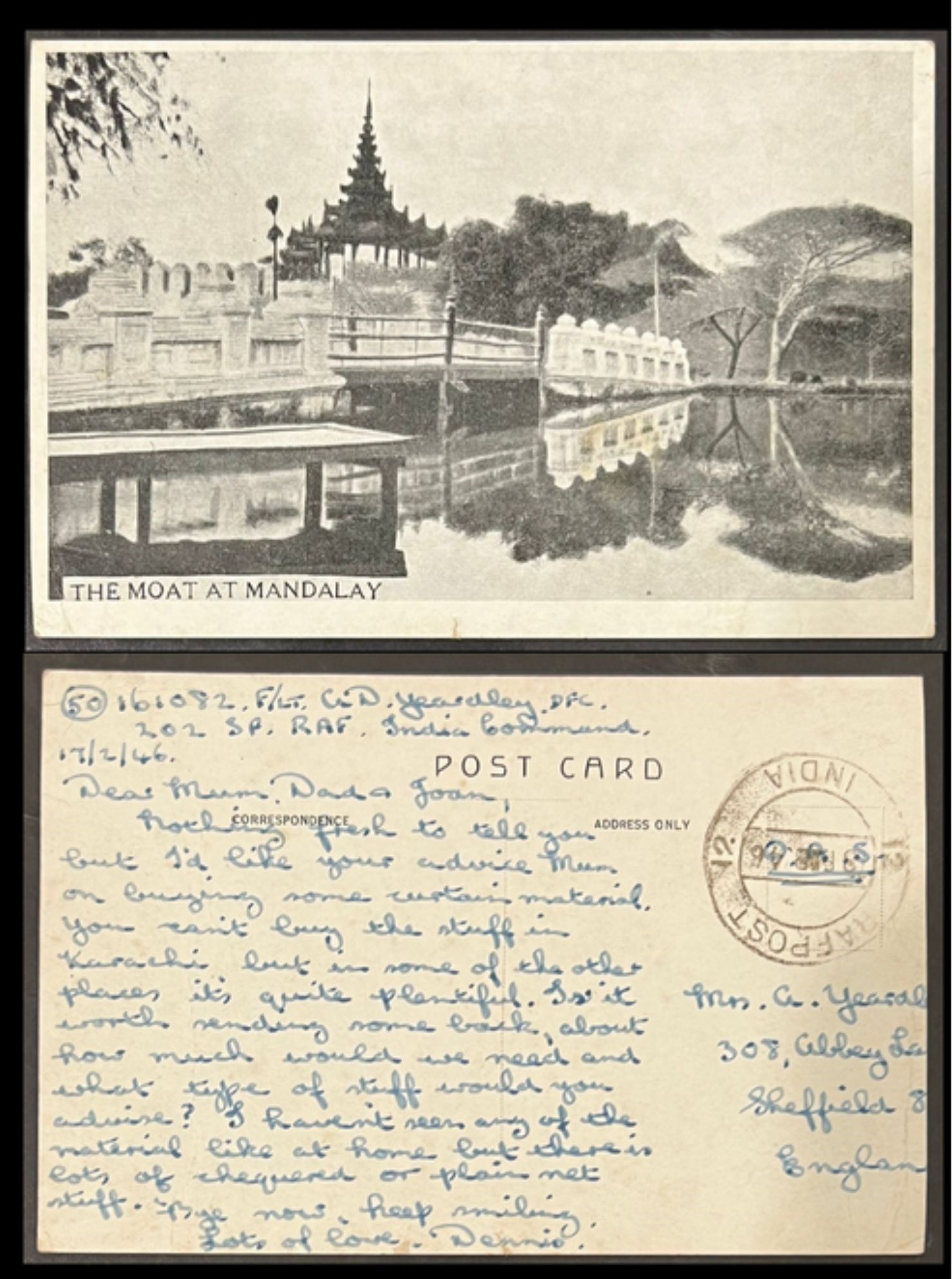 India 1946 RAF POST Picture Postcard to England