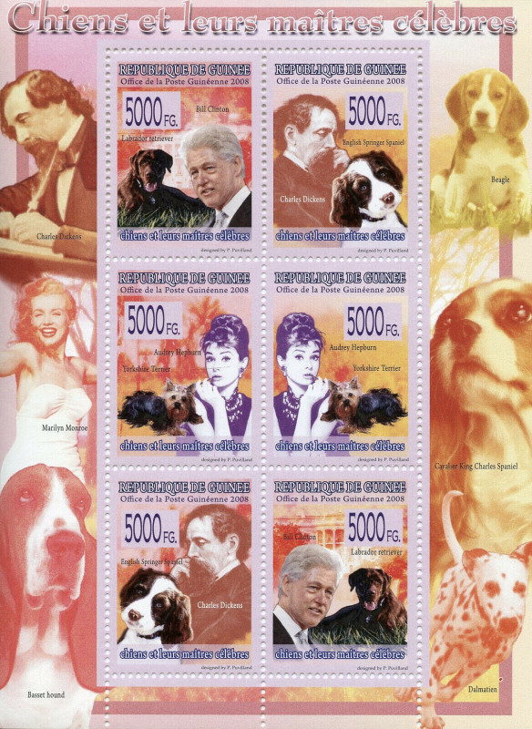 Guinee 2008 Dogs Charles Dickens Audrey Hepburn M/S MNH